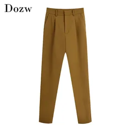 Moda Brown Kolor Długie Spodnie Kobiet Plisowane Zipper Fly Ołówek Lady Baggy Eleganckie spodnie biurowe Pantalon Femme 210515