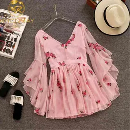 Mode sommar kvinnors söta v krage blommor broderad rosa chiffong klänning slim flare ärm tjejer korta klänningar 210506