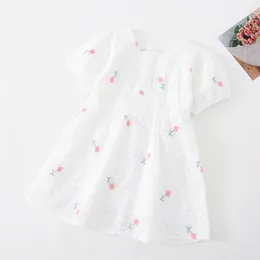 Embroidery Flower White Girl Dress Korean Style Summer Round Neck Puff Sleeve Sweet Children Toddler Kid Clothing 210515