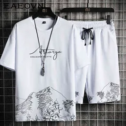 EAEOVNI Men's T-shirt + Shorts Set Summer Breathable Casual T shirt Running Set 2021 Fashion Harajuku Printed Male Sport Suit G1222