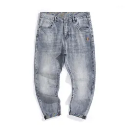 Mäns Jeans Copped Byxor 2022 Sommar för män Harembyxor Ljusblå Stretch Wide Leg Clothing