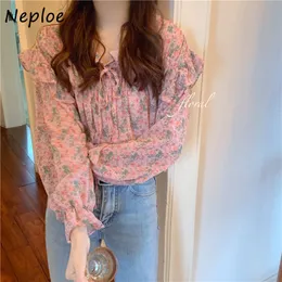 Neploe V Pescoço Lace Up Curva Design Elegante Blusa Mulheres Pullover Flore Manga Longa Imprimir Blusas Solta Primavera Camisa Femme 210510