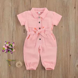 Summer Girls Pink Short-sleeve Denim Jumpsuit Belt Siamese Trousers Fashion Leggings Pants Lapel Kids Children's Clothes 210515