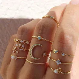 Bohemian Moon Geometriska Ringar Set För Kvinnor Mode Kristall Butterfly Guldfärg Joint Ring Girls Trend Party Smycken Gift