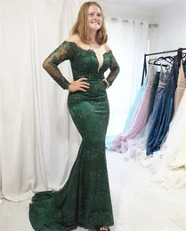 Dark Green Mermaid Lace Evening Dresses Long 2021 Off Shoulder Long Sleeves Appliques Formal Prom Party Gowns vestido de noite Plus Size