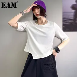 [EAM] Donne Bianco Asimmetrico Breve Casual Casual Color T-shirt T-shirt girocollo manica corta moda primavera estate 1D7196 21512