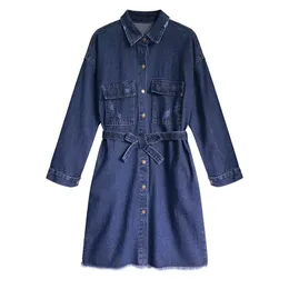 Blue Denim Jeans Shirt Dress Tassel Pocket Button Long Sleeve Short Knee Length Loose Sash Casual D0621 210514