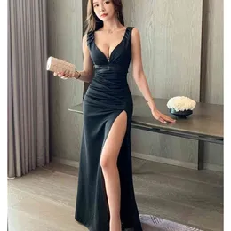 LDYRWQY long show thin low-chested night court sexy dress Floor-Length Regular V-Neck 210416