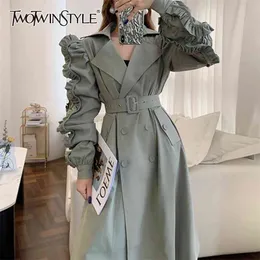TWOTWINSTYLE Korean Patchwork Ruffle Windbreaker For Women Lapel Long Sleeve Sashes Black Casual Trench Female Fashion Spring 210914