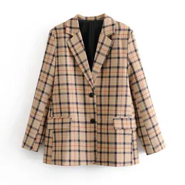 Snygg chic plaid kvinnor kostym blazer rutig långärmad hakad krage fickor kappor kvinnligt kontor bär eleganta toppar 210430