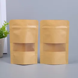 Bolsa de papel kraft com pacote de janelas armazenamento alimentos doypack stand up bolsa quadrado diy reutilizável reutilizável zíper cheirar malotes de prova