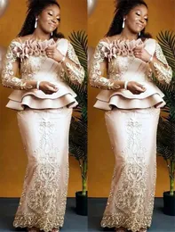 2021 플러스 사이즈 아랍어 아소 에비 샴페인 레이스 섹시한 신부 드레스의 섹시한 어머니 긴 소매 칼집 빈티지 댄스 파티 가운 드레스 ZJ355
