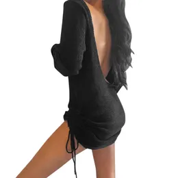 Dress Knitted Elastic Long Sleeve Bodycon Drawstring Mini Women 2021 Autumn Winter Sexy Backless Knit Home Wear Dresses Casual