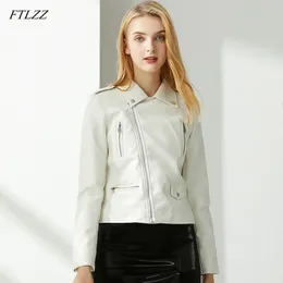 Women White Pu Leather Jacket Office Lady Faux Soft Punk Outwear Spring Autumn Casual Motorcycle 210423