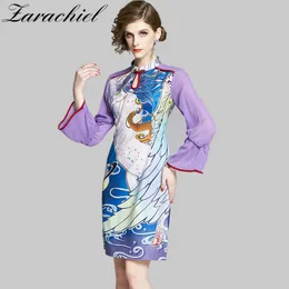 Fashion Cartoon Printed Summer Women Mandarin Collar Chiffon Flare Sleeve Patchwork Cheongsam A-Line Vintage Dress 210416