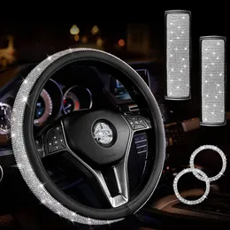 Universal Car Bling Steering Wheels Cover Kits 15Inch Crystal Diamond Covers för Auto Läder Ratt Fall Säkerhetsbälte Skal / Diamanter Ring Emblem