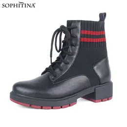 SOPHITINA Fashion Elastic Ankle Boots for Women Autumn Comfortable Low Heel Classic Lace Up Stretchy Socks Booties C788 210513