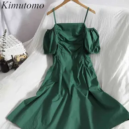 kimutomo 끄기 숄더 슬래시 목 슬링 드레스 여성 여름 솔리드 한국어 짧은 퍼프 슬리브 슬림 Vestidos 패션 여성 210521