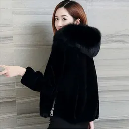 Faux Fur Coat with Hood Fashion Slim Black Faux Fur Kurtka Fałszywy futro królika 210925