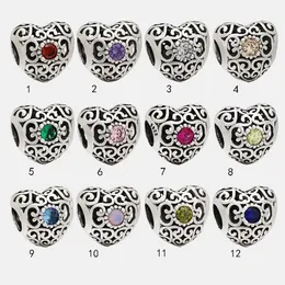 Fine Tweelry Authentic 925 Sterling Gümüş Boncuk Fit Charm Bilezikler İçi Boş Doğum Taşı Kalp Güvenlik Zinciri Kolye DIY Boncuklar