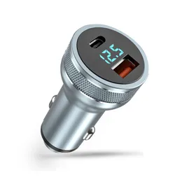 Dual Port USB-C QC3.0+PD 36W 4.8A Metal Alumium Alloy Digital Display Car Charger for iPhone 12 11 Pro Max Samsung Huawei