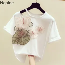 Neploe Moda Coreana Mulheres camisetas Manga Curta T Shirt Verão Bordado Flor Top Ladies Branco Tees Camisas 210623