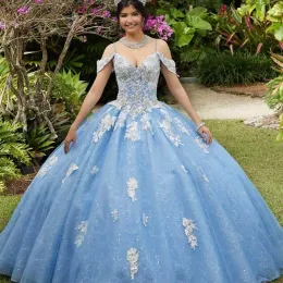 Hellblaue Quinceanera-Kleider, Spitzenapplikation, Perlen aus der Schulter, Spaghettiträger, 2022, maßgeschneidert, süßes 15-16-Prinzessin-Geburtstagsfeier-Ballkleid