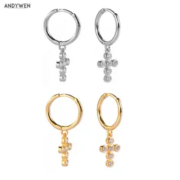 Andywen 925 Sterling Silver Corss Cyrkon Drop Kolczyk Kobiety Koło Biżuteria Okrągły CZ Crystal Luksusowy Piercing Pendiente 210608