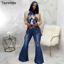 Tsuretobe Autumn Plus Size Flare Pant Ripped Jeans Fashion High Waist Wide Leg Casual Bell-Bottom Byxor 210629