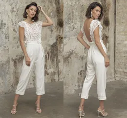 Elfenben jumpsuit bröllopsklänningar brudklänningar 2021 Sexig Backless Cap Sleeve Pant Suit Outdoor Outfit Bride Dress Robe de Mariage