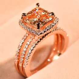 Розовое золото 3шт / комплект квадратный алмазное кольцо принцессы участие кольца для женщин Предложение ювелирные изделия Обручальные кольца вспомогательный размер 6-10