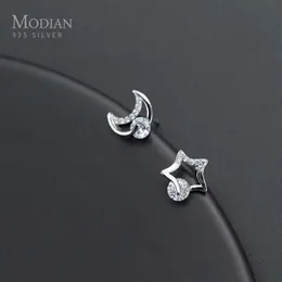 Unikalny design Moon and Stars Silver Stud Kolczyki dla kobiet 925 Sterling Clear CZ Earing Fine Jewelry Akcesoria 210707
