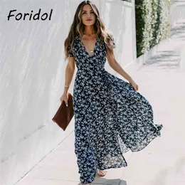 Foridol Kısa Kollu Bohemian Elbise Kadın Çiçek Baskı Maxi Uzun Zarif Vintage Yeni Harajuku 210415