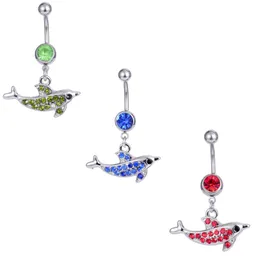 Dangle Dolphin Belly Button Rings Stainless Steel Navel Ring with Gem Inlaid Unisex Body Piercing Jewelry