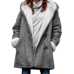 Kvinnors Jackor Coat Jacket Cow Horn Buckle Fickor Solid Färg Fleece Fodrad Hooded Overcoat Ytterkläder Vinter Kläder Kvinnor Plus Storlek