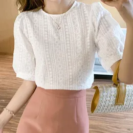 Women's Blouses & Shirts LJSXLS Blusa Mujer Fashion O Neck White Womens Casual Clothing 2022 Summer Women Vintage Embroidery Puff Sleeve Top