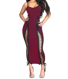 Womens Sexy Lace up Bodycon Long Maxi Dress Spaghetti Straps Hollow Out Backless Knit Ribbed Bandage Clubwear Red Black S-XL