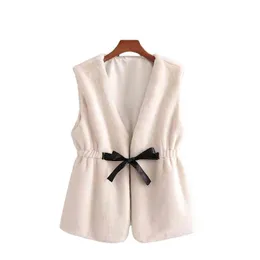 Autumn And Winter Faux Fur Temperament Cardigan Sleeveless Vest Short Hairy Waistcoat With Bow Tie Waist 210521