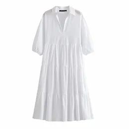 Bbwm vit sommar vintage lång klänning kvinna v neck kortärmad elegant klänning för kvinnor chic casual midi klänning 210520