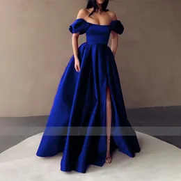 Blue 2021 Royal Satin Prom Broom Off the Counder Split Evening Dresses Eleged A-line Long Party Night Dontals