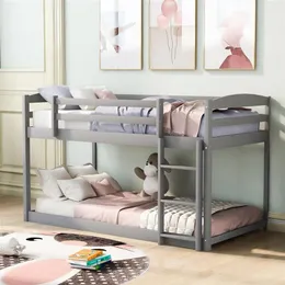US Stock Twin Over Twin Floor Bunk Bed möbler med stege, grå för barn A19 A32