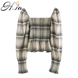 Kobiety Bluzka Moda Z Długim Rękawem Plaid Off Ramię Blusa i Topy Khaki Luźne Sexy Slash Neck Blusas 210430