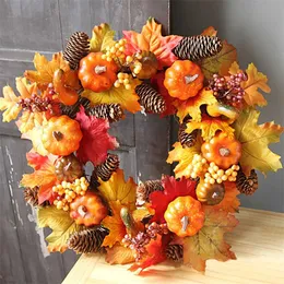 Autumn Theme Door Wreath Artificial Pumpkin Berries Pine Cone Maple Manmade Garland Cloth Christmas Rattan Material Home Decor 211104