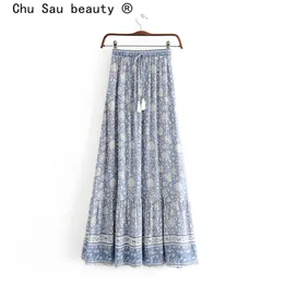 Chu Sau Beauty Moda Boho Vintage Drukuj Midi Spódnice Kobiety Wakacyjny Styl Elastyczna Talia Tassel Damska Długa Spódnica 210629