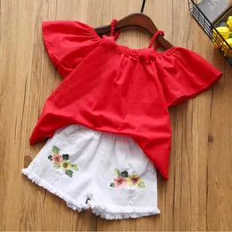 Conjuntos de roupas para meninas verão bebê meninas tops de cores puras + shorts bordados 2 peças crianças 2-6 anos 210515