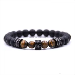 Beaded, Strands Bracelets Jewelrymatte Black Agate Sier Micro-Inlaid Cylindrical Spacer Elastic Wooden Beaded Bracelet Men And Women Jewelry