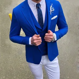Męskie Garnitury Blazers Blue Slim Fit Suit Cotled Lapel Mężczyzna Tuxedos Wedding Groom Nosić 3 sztuki Kamizelka i spodnie Prom