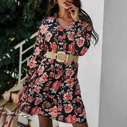 Spring Summer Boho Floral Print Dress Women Lantern Long Sleeve Pleated Dresses V Neck Beach Mini Dress Female Roupa Feminina 210521