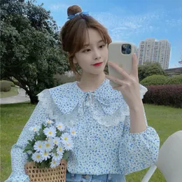 Hemden Blusen Süße Chic Puff Langarm Blau Blumenbluse Frauen Peter Pan Kragen Tops Blusas Mujer De Moda Japan Stil 210429