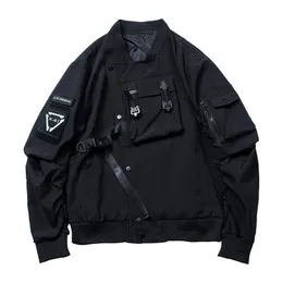 Techwear Black Hip Hop Punk Bomber Kurtki Płaszcze Mężczyźni Japońska Streetwear Bawełna Oversized Z Długim Rękawem Casual Męski Odzież wierzchnia 211217